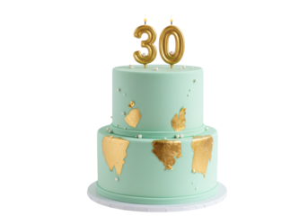 Two-tiered mint green birthday cake with gold leaf and number 30 candles isolated PNG, celebration dessert for thirtieth birthday