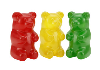 Three gummy bears PNG isolated on transparent background, red yellow and green candy bears for confectionery and sweet treat designs