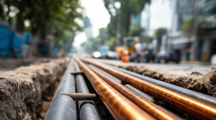 Overhead view of parallel pipes in concrete lined trench urban pipeline construction municipal infrastructure water or heating pipes construction zone city street excavation