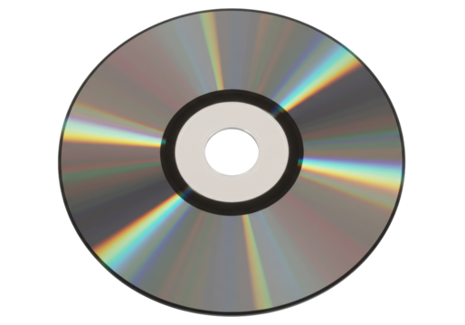 Shiny compact disc PNG isolated on transparent background, optical storage media for data archiving and music, with rainbow reflection