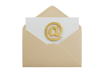 Open envelope with golden at sign isolated PNG, email marketing concept for business communication and digital correspondence on transparent background