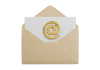 Open envelope with golden at sign isolated PNG, email marketing concept for business communication and digital correspondence on transparent background