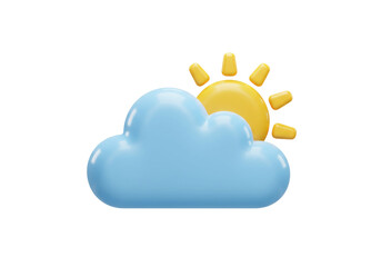 Partly sunny weather icon PNG isolated on transparent background, blue cloud and yellow sun 3D render, forecast symbol for meteorology and design