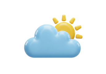 Partly sunny weather icon PNG isolated on transparent background, blue cloud and yellow sun 3D render, forecast symbol for meteorology and design