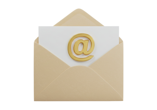 Open envelope with golden at sign isolated PNG, email marketing concept for business communication and digital correspondence on transparent background