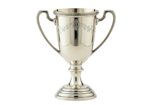 Elegant silver trophy cup isolated PNG, vintage style award for sports or achievement on transparent background