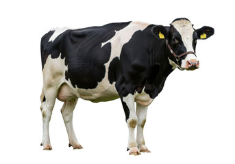 Fototapeta premium Holstein Friesian cow isolated PNG on transparent background, black and white dairy cattle for farming and agriculture concepts
