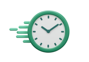 Green clock with motion lines isolated PNG, time management concept for deadlines and productivity on transparent background