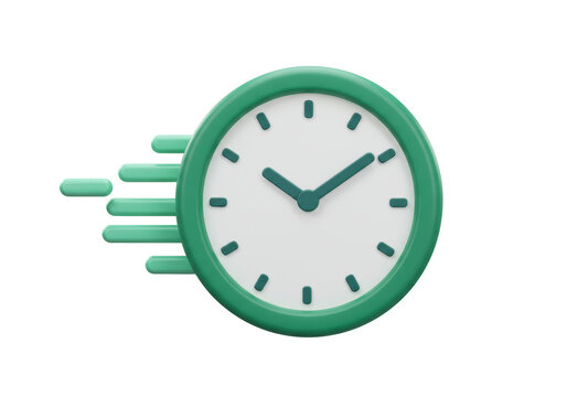 Green clock with motion lines isolated PNG, time management concept for deadlines and productivity on transparent background