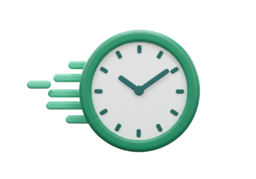 Green clock with motion lines isolated PNG, time management concept for deadlines and productivity on transparent background