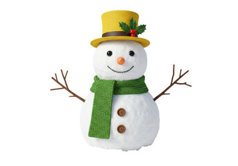 Festive snowman with yellow hat and green scarf isolated PNG, winter holiday season decoration on transparent background