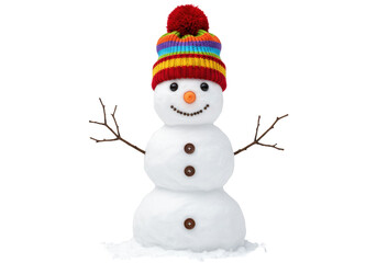 Festive snowman with colorful hat isolated PNG, winter holiday character on transparent background for Christmas and New Year designs