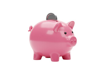 Pink piggy bank with coin isolated PNG on transparent background, savings and investment concept for financial planning and money management
