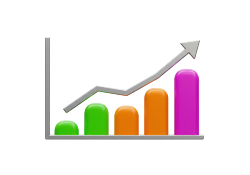 Colorful bar graph with arrow isolated PNG on transparent background, business growth chart for data analysis and financial report