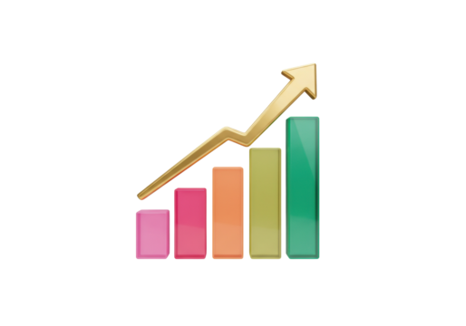 Colorful bar graph with golden arrow isolated PNG on transparent background, business growth and financial success concept