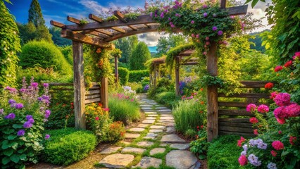 Obraz premium Lush Garden with Wooden Trellis and Stone Pathway - Stock Photo