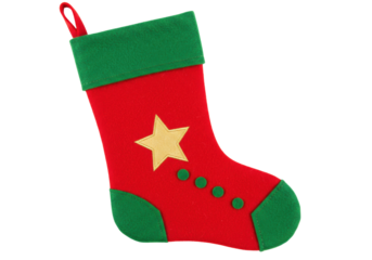 Red and green Christmas stocking with star isolated PNG, festive holiday decoration for gifts and seasonal cheer