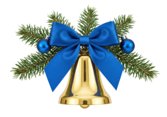 Golden Christmas bell with blue bow and ornaments isolated PNG, festive holiday decoration on transparent background for graphic design and cards