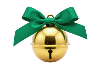 Golden jingle bell with green bow isolated PNG, Christmas decoration on transparent background for holiday design and festive projects