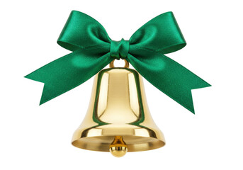 Golden Christmas bell with green bow isolated PNG, festive holiday decoration on transparent background for greeting cards and design projects