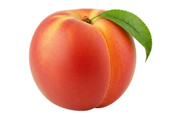 Fresh peach fruit PNG isolated on transparent background, ripe and juicy summer stone fruit with green leaf for healthy eating