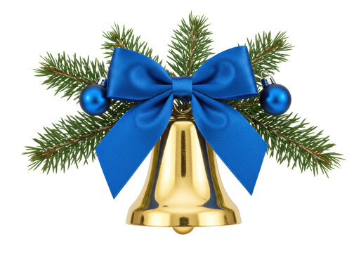 Golden Christmas bell with blue bow and ornaments isolated PNG, festive holiday decoration on transparent background for graphic design and cards - Powered by Adobe