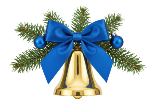 Golden Christmas bell with blue bow and ornaments isolated PNG, festive holiday decoration on transparent background for graphic design and cards