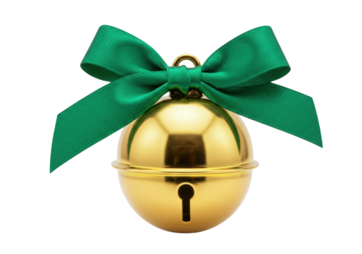 Golden jingle bell with green bow isolated PNG, Christmas decoration on transparent background for holiday design and festive projects - Powered by Adobe