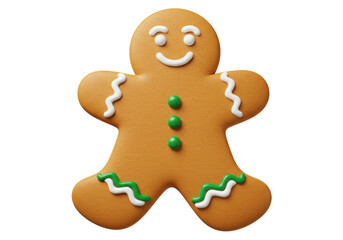 Gingerbread man cookie PNG isolated on transparent background, festive holiday treat with icing details for Christmas and winter designs