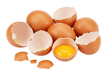 Cracked brown chicken eggs isolated PNG, broken eggshells with yolk on transparent background for cooking and baking design elements