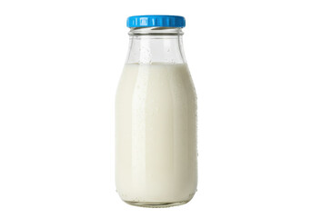 Glass milk bottle with blue cap isolated PNG, fresh dairy product for healthy breakfast on transparent background