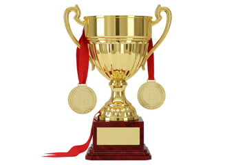 Golden trophy cup with red ribbons and medals isolated PNG, award prize for winner or champion on transparent background