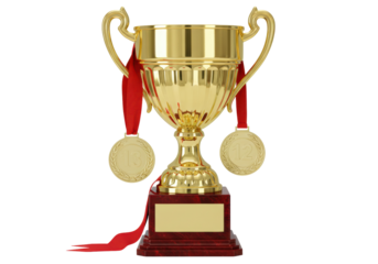 Golden trophy cup with red ribbons and medals isolated PNG, award prize for winner or champion on transparent background