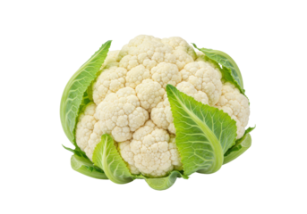 Fresh cauliflower isolated PNG on transparent background, healthy vegetable with green leaves for cooking and vegetarian diet