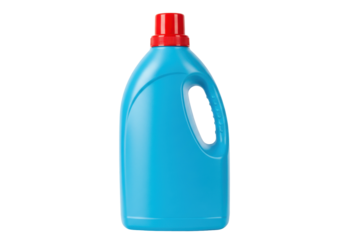Bright blue laundry detergent bottle with red cap isolated PNG, cleaning product for washing clothes on transparent background