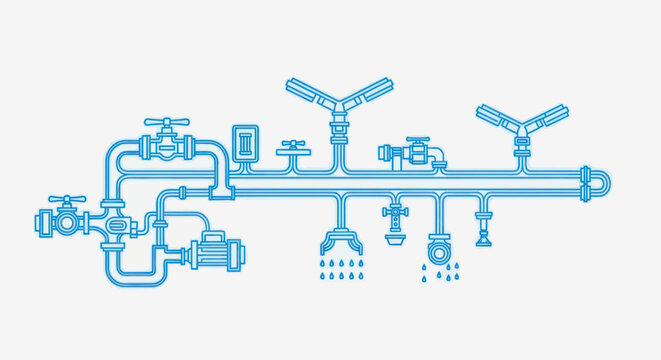 Complex industrial pipe system with valves and sprinklers.