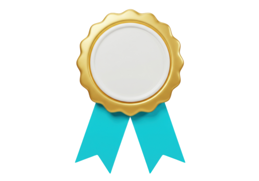 Golden award badge with blue ribbons isolated PNG, achievement emblem for recognition and success on transparent background