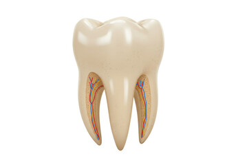 Detailed molar tooth anatomy PNG isolated on transparent background, dental structure with roots and blood vessels for medical education