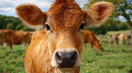 Guernsey Cattle on English Farm: Dairy Cow Herd Grazing in Suffolk Meadow