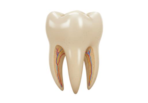 Detailed molar tooth anatomy PNG isolated on transparent background, dental structure with roots and blood vessels for medical education
