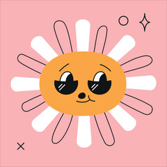 Daisy flower with cartoon funny smiling face. Mascot character in sunglasses
