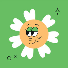 Daisy flower, funny face expression. Cute funny adorable emoji with green eye shadows