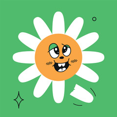 Daisy flower, excited face expression. Cute funny adorable emoji with green eye shadows