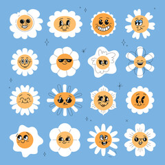 Daisy flowers emotions set or chamomile fun retro icons vector illustrations