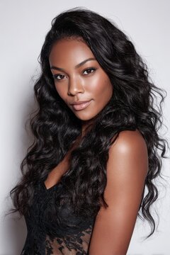Hair Extensions Loose Wave. Black Beautiful Woman with Curly Human Hair in Fashionable Style