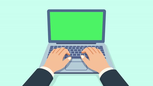 Animated hands typing on a laptop with a green screen monitor, perfect for adding custom content or interface for business, tutorial, or tech videos.