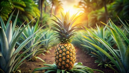 Obraz premium Lush Pineapple Plantation: Close-Up Detail of a Growing Pineapple Fruit