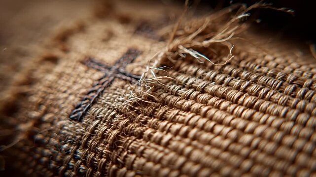 A macro shot displays a stitched cross on rough fabric, with frayed edges and shallow depth of field