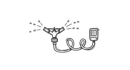 Hand Drawn Garden Sprinkler System with Digital Timer and Water Spray.
