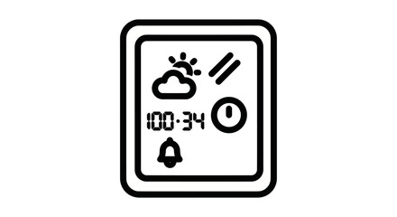 Smartwatch screen line icon with digital display, weather forecast, timer, and alarm bell.